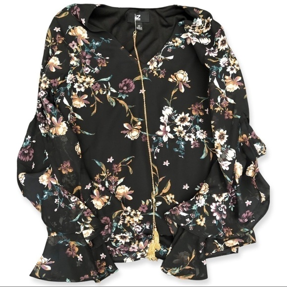 IZ Byer floral top blouse + necklace black V-Neck ruffle - Picture 7 of 10